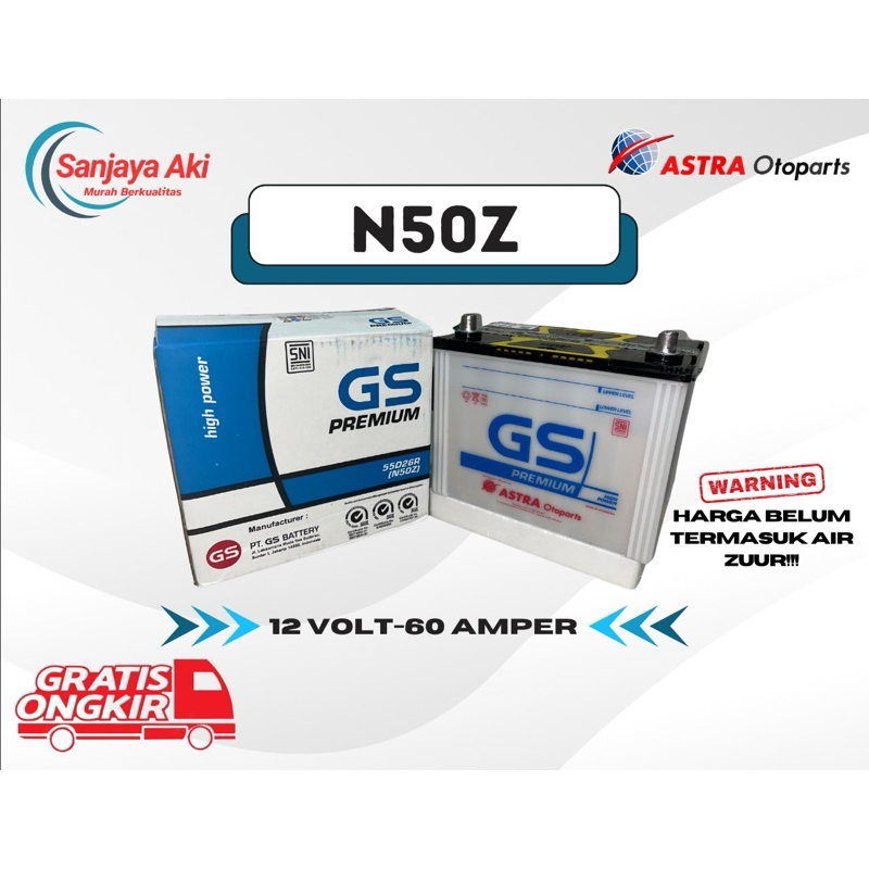 AKI BASAH ASTRA OTOPARTS GS N 50 Z ORIGINAL, MURAH, untuk mobil PANTHER, KIJANG, TRUCK