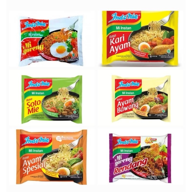 

INDOMIE Mie Instan Goreng, Ayam Bawang, Soto, Ayam Spesial, Kari Ayam, Rasa Rendang