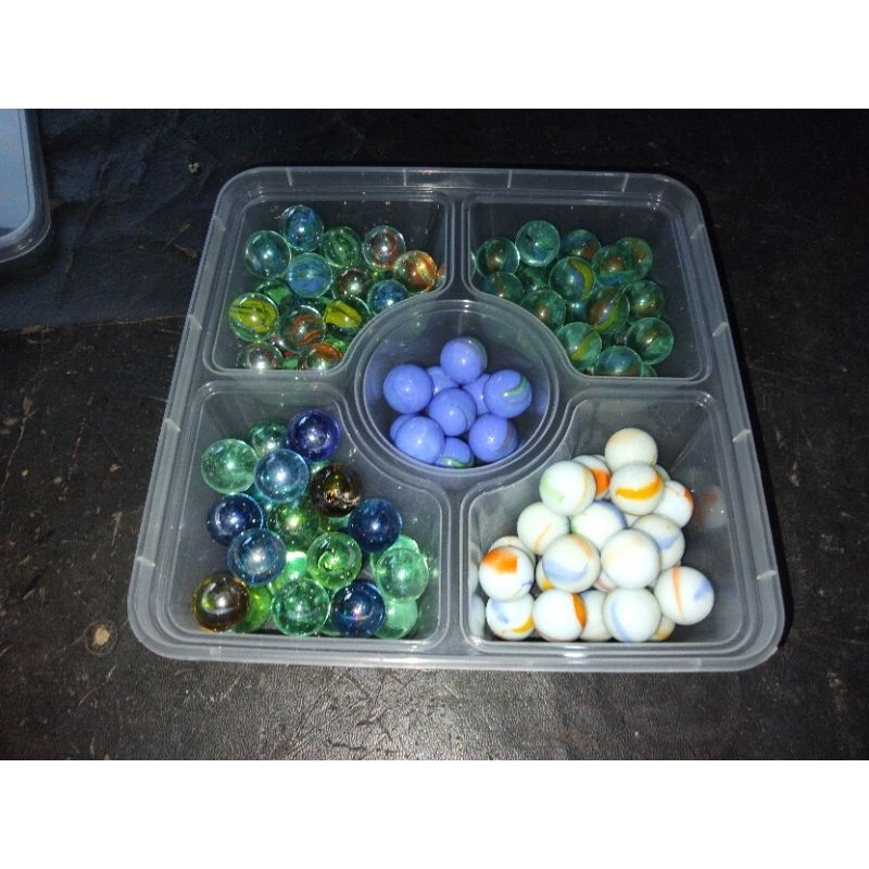 5 Jenis Kelereng Campur (Belimbing, Cat Eyes, Metalik, Susu Lolipop Ungu) Isi 110 Pcs Bonus Box