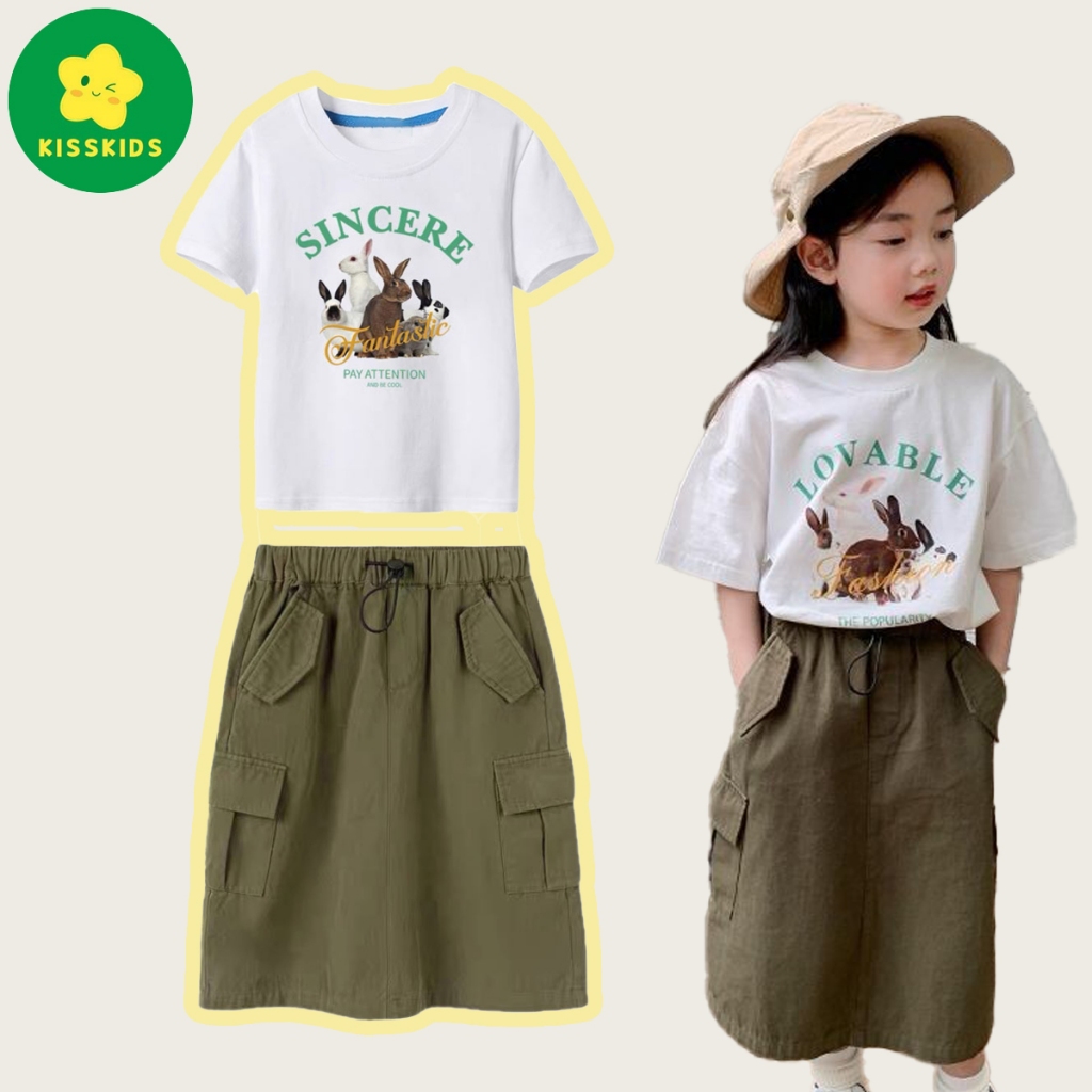 KissKids Setelan Rok Cargo Anak Perempuan Oneset Anak Cewek Setelan Anak Perempuan Set Cargo Atasan 