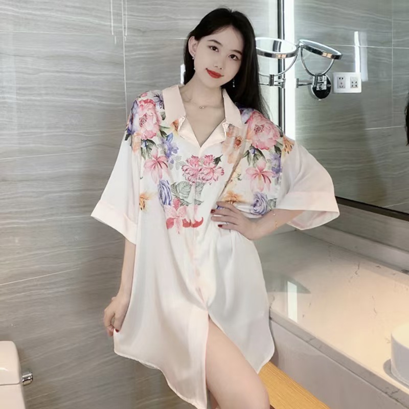 Piyama gaya Korea untuk wanita baju tidur renda  gaun piyama kemeja seksi longgar tipis lengan pende