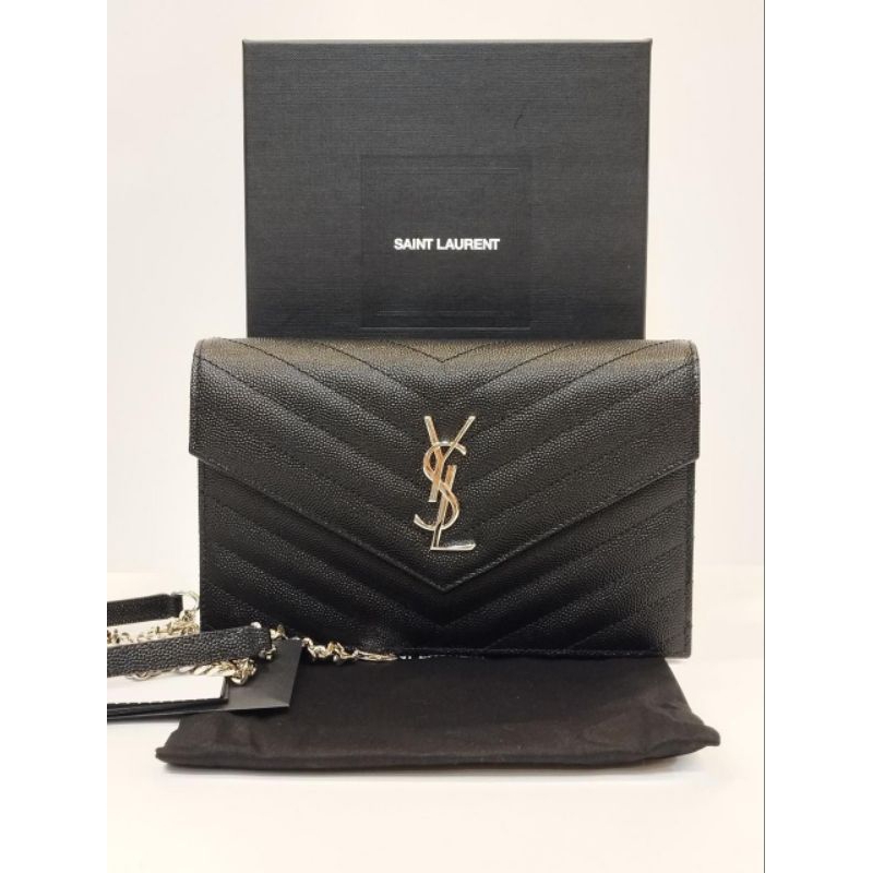 Ysl Saint CASSANDRE ENVELOPE CHAIN WALLET IN GRAIN DE POUDRE LEATHER 19 black shw woc wallet on chai