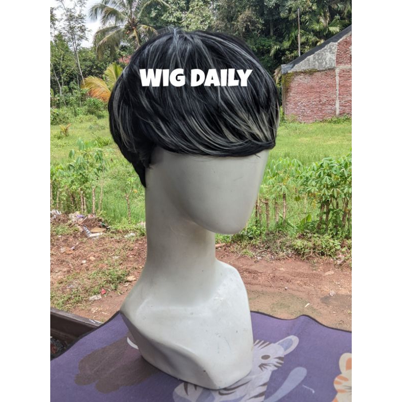 Wig pria pendek hitam blonde