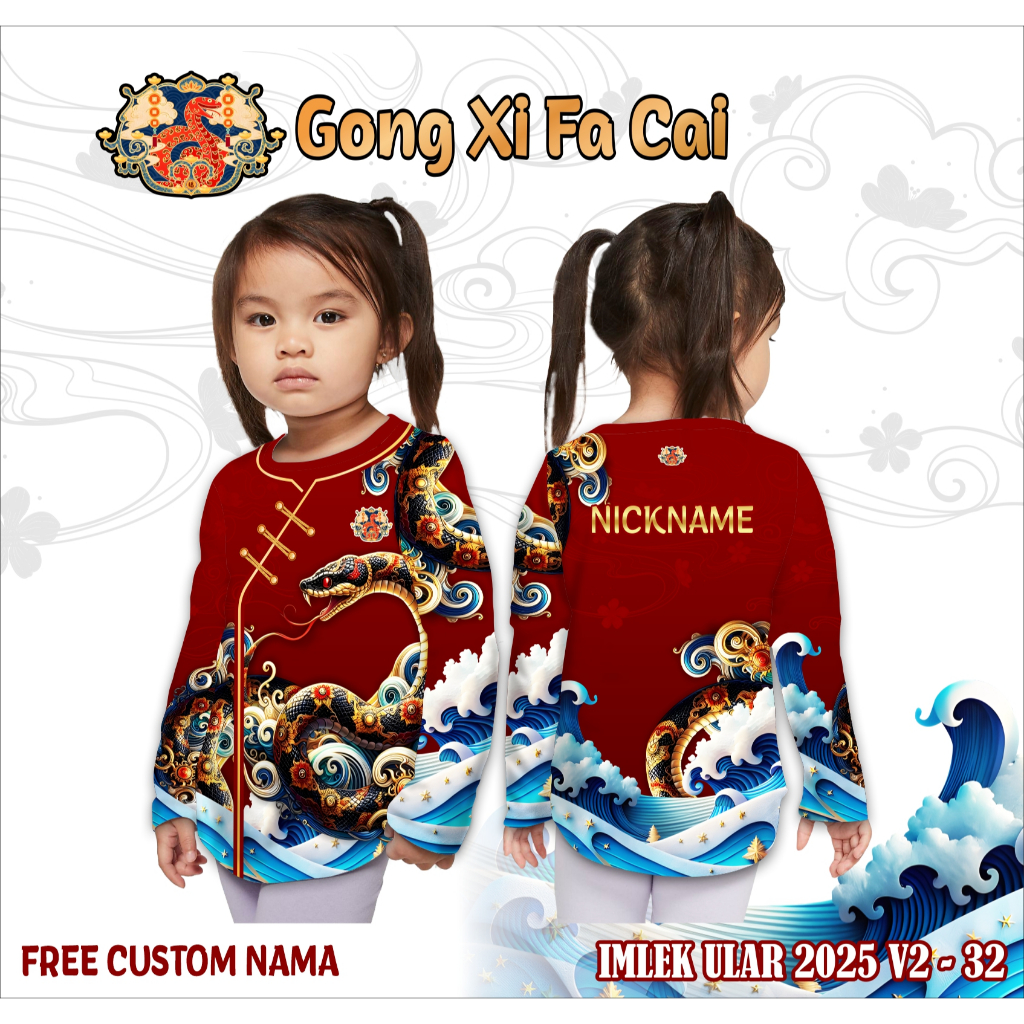 Baju anak cewek imlek 2025 shio ular kaos lengan panjang cheongsam anak jersey tahun baru china