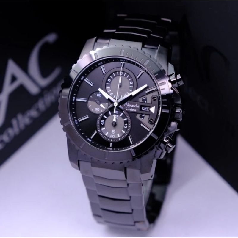 ORIGINAL GARANSI RESMI JAM TANGAN PRIA ALEXANDRE CHRISTIE FULL BLACK RANTAI STAINLESS STEEL COWOK AR