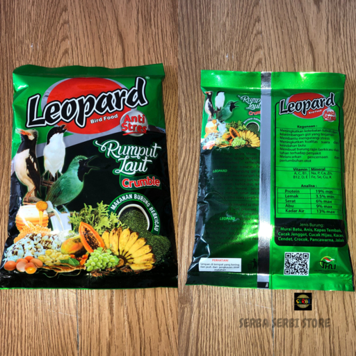 VOER BURUNG KICAU LEOPARD HIJAU CRUMBLE KASAR RUMPUT LAUT /VOER MURAI,CENDET,POKSAY,WAMBI,COCAK ROWO