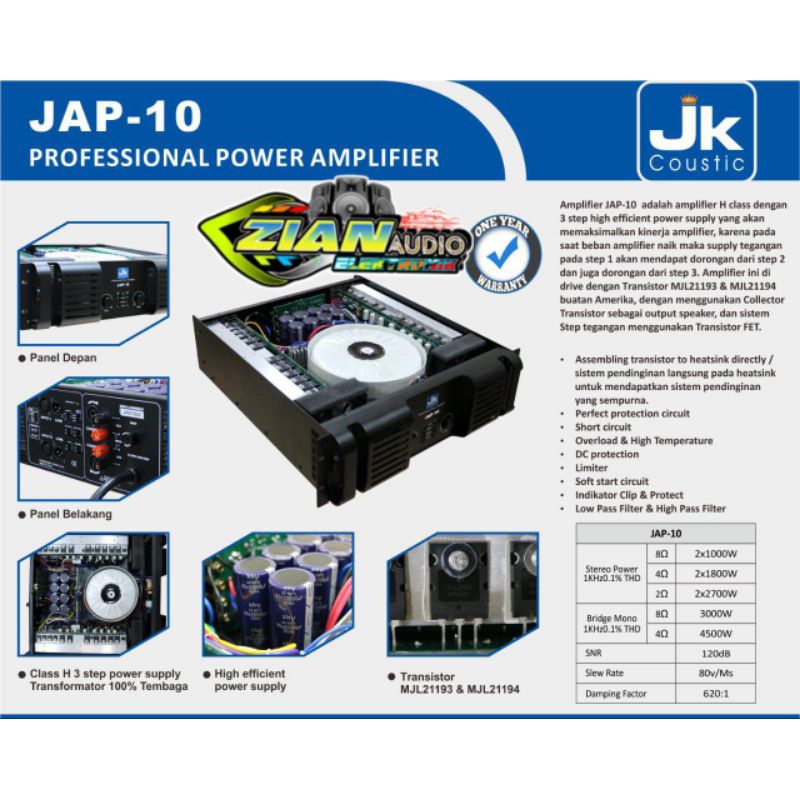 Power Amplifier JK Coustic JAP 10 original 2X1000watt