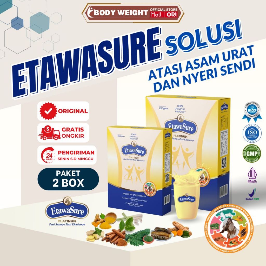 

Etawasure Platinum Susu Kambing Etawa Untuk Nyeri Sendi dan Asam Urat 250gr Paket 2 Box