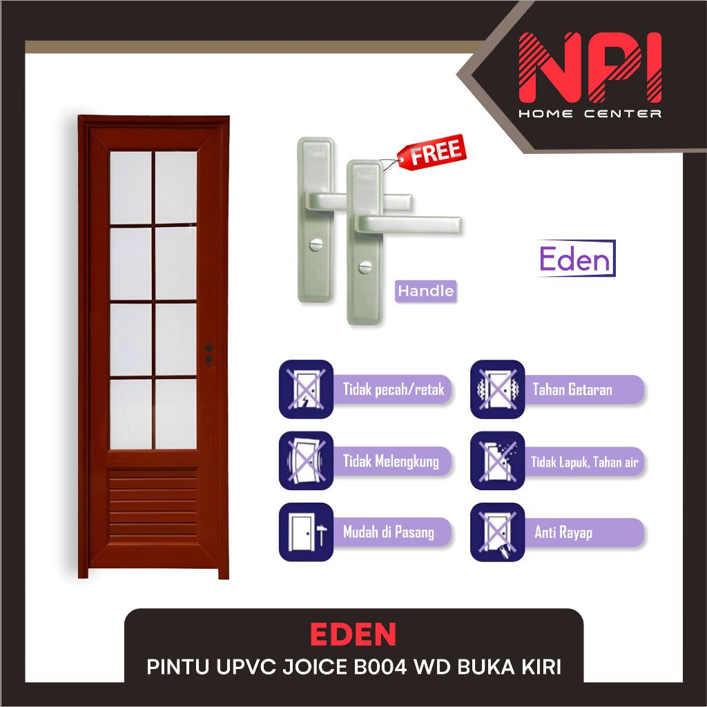 Eden - Pintu Kamar Mandi Wc Upvc Joice B004 WD Wood Buka Kiri Coklat Muda