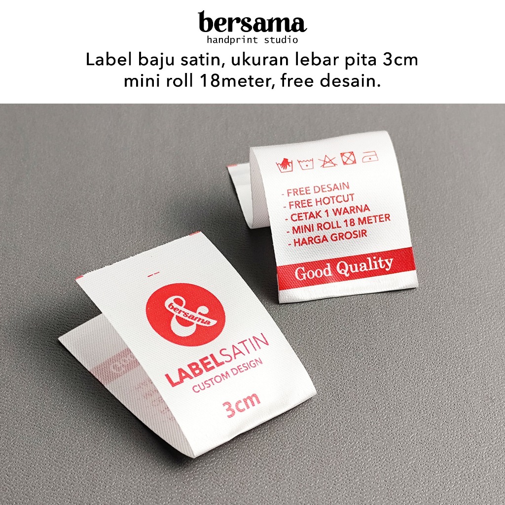 

Label baju bahan satin ukuran 3cm cetak custom free hotcut