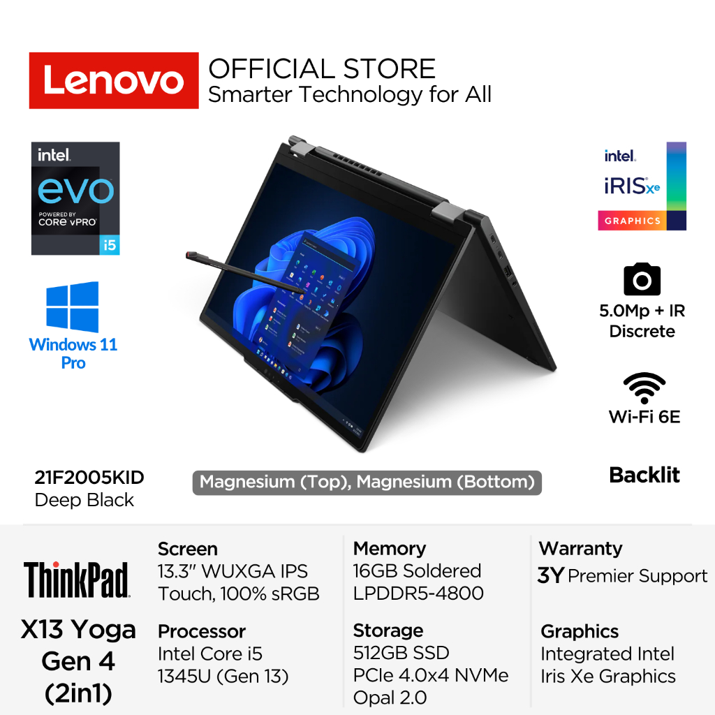 Lenovo 2in1 ThinkPad X13 Yoga Gen 4 5KID Intel Core I5 1345U vPro Win11 Pro 16GB 512GB SSD 13.3" WUX