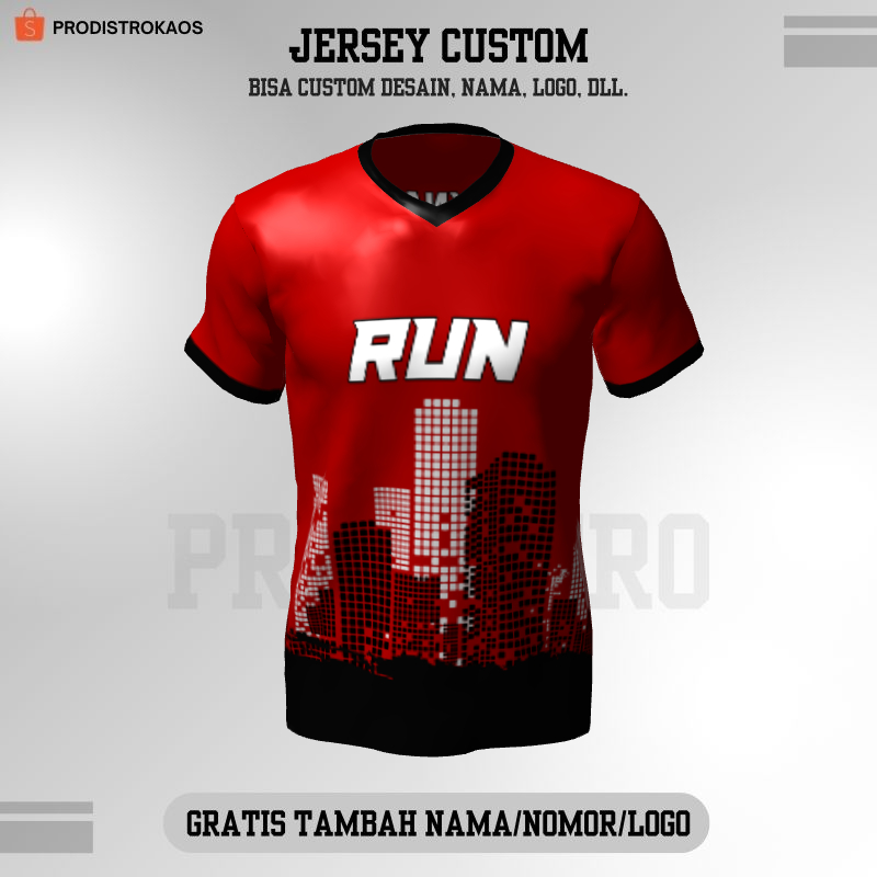 Kaos Jersey Pelari Santai Custom Full Printing - Jersey Lari Maroon Motif Gedung Perkotaan 215