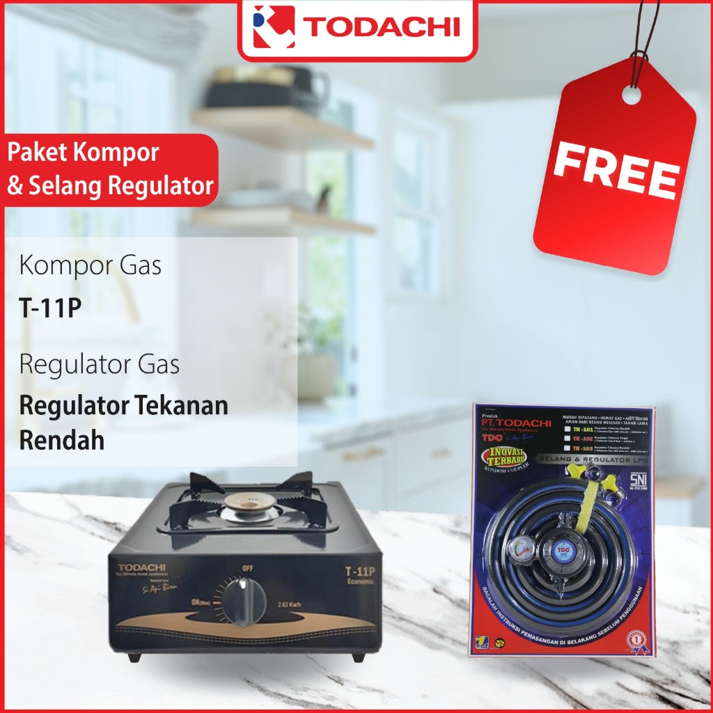 Todachi T 11 P Kompor gas Api biru Hitam + set regulator Premium High Quality