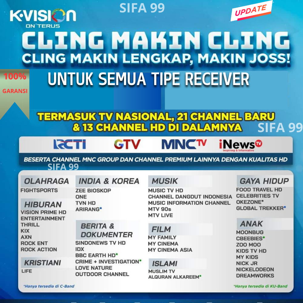 sifa 99 paket lengkap k vision Bromo Cartenz & GOL Gardiner Optus  LGsat   parabola tv c band dan ku