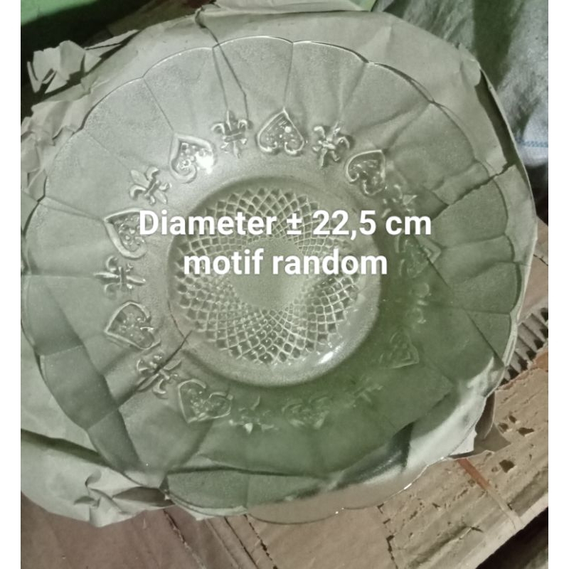 piring kaca bening harga satu lusin motif random sesuai stok