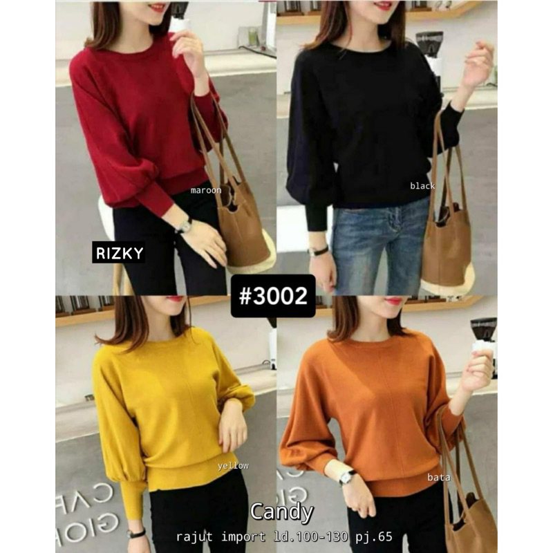 CANDY VANIA/VIVIAN SWEATER/BLOUSE RAJUT IMPORT HALUS DAN TEBAL LENGAN BALON KOREAN STYLE LOOK BY RIZ