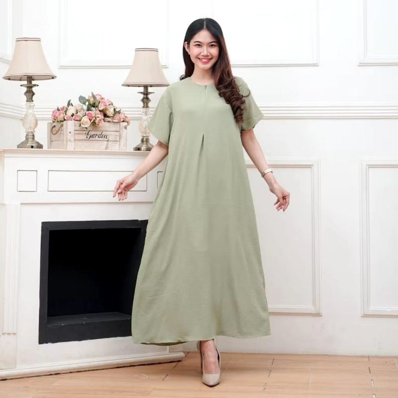 Daster Crinkle Polos Jumbo Lengan Pendek Kekinian Dress Crinkle Resleting Depan / Daster Busui Kekin