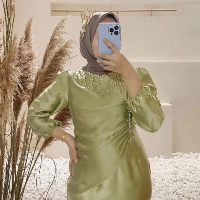 TERMURAH Vina Dress Satin Payet Mutiara Dress Kondangan Viral