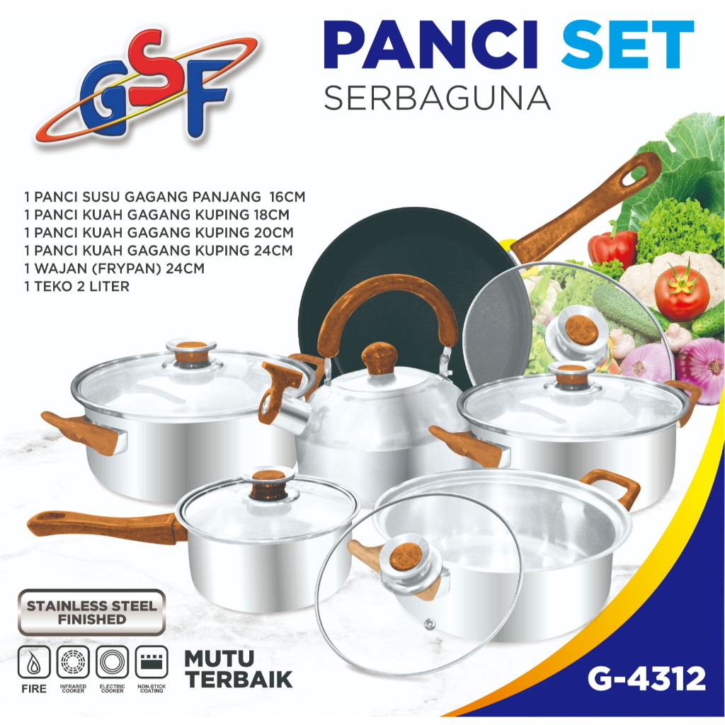 Panci Set Stainless Steel 12Pcs GSF-4312 / Panci Stainless Tutup Kaca / Panci Rebus Panci Goreng / T