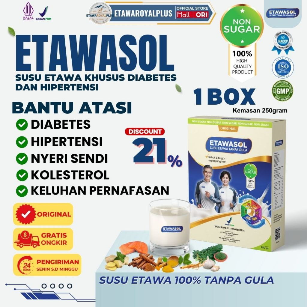 

Etawasol Susu Kambing Non-sugar Atasi Diabetes, Hipertensi, Nyeri Sendi dan Pernafasan - 1 Box