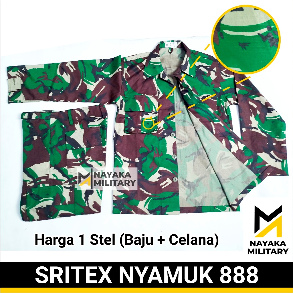1 Sritex Nyamuk Baju PDL TNI AD Nayaka Military Seragam Tentara Sritek 888 TNI AD Stelan Loreng Malv