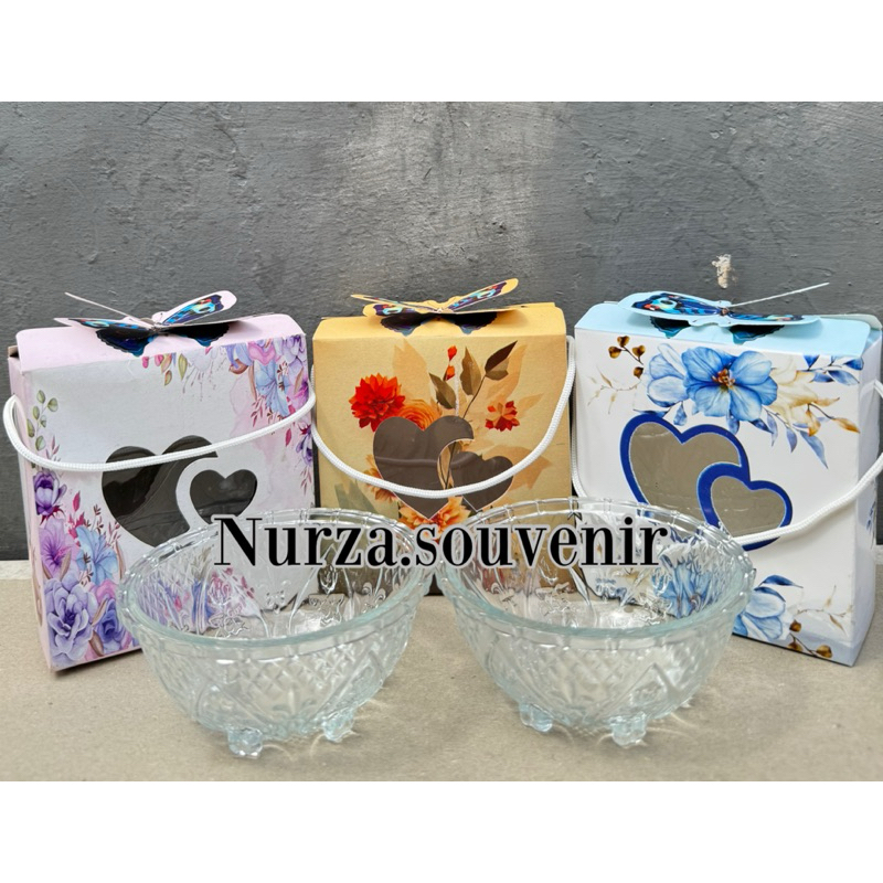 ( Isi 50pcs ) Souvenir Mangkok Beling Motif Crystal Besar Kemasan Box Cantik