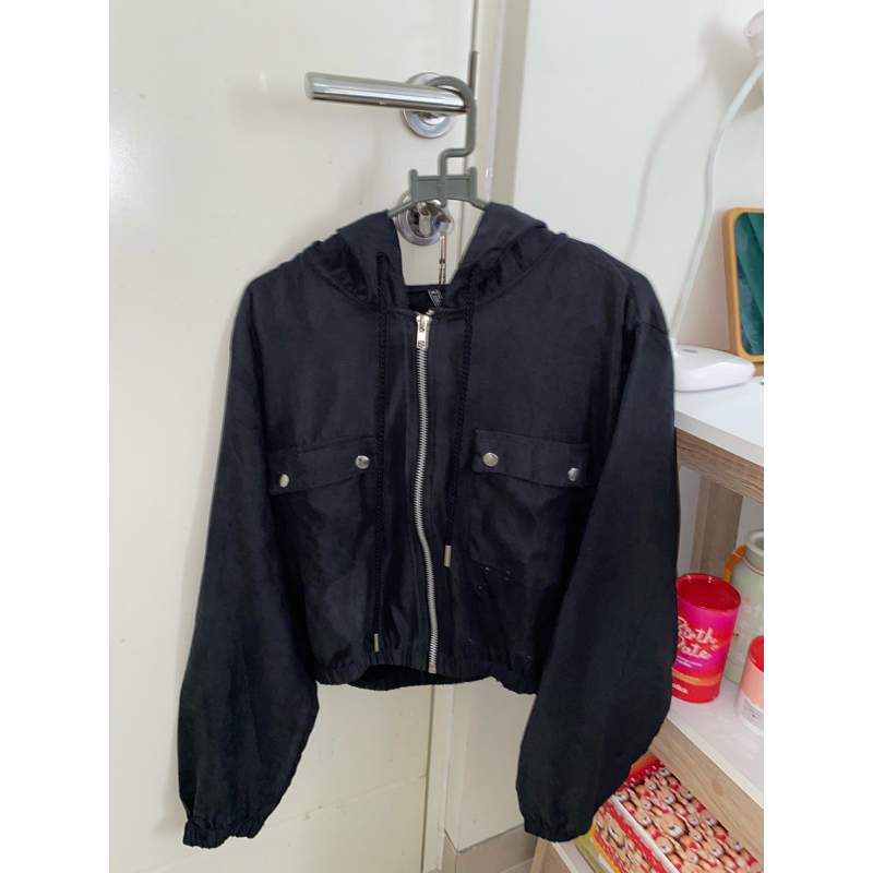 COLORBOX Zip Up Drawstring Crop Jacket Black