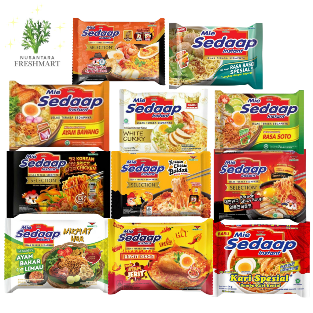 

[Nusantara Freshmart] Mie Sedaap All Varian Singapore Laksa Baso Bawang Korean Cheese Buldak Goreng Spicy Chicken Spicy Soup Kuah Ayam Kari Soto Rawit