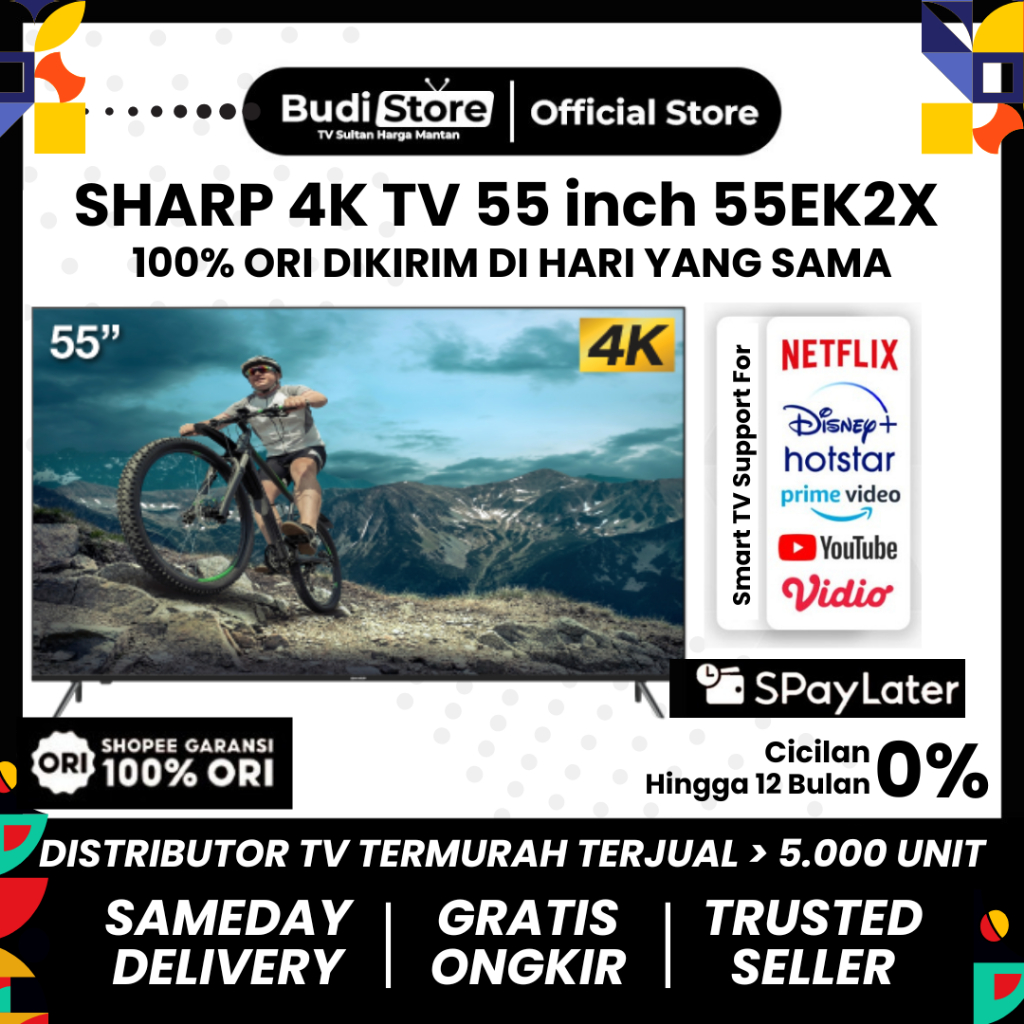 LED TV SHARP 55EK2X  4K UHD SMART ANDROID 55 INCH FRAMELES - BUDI STORE OFFICIAL