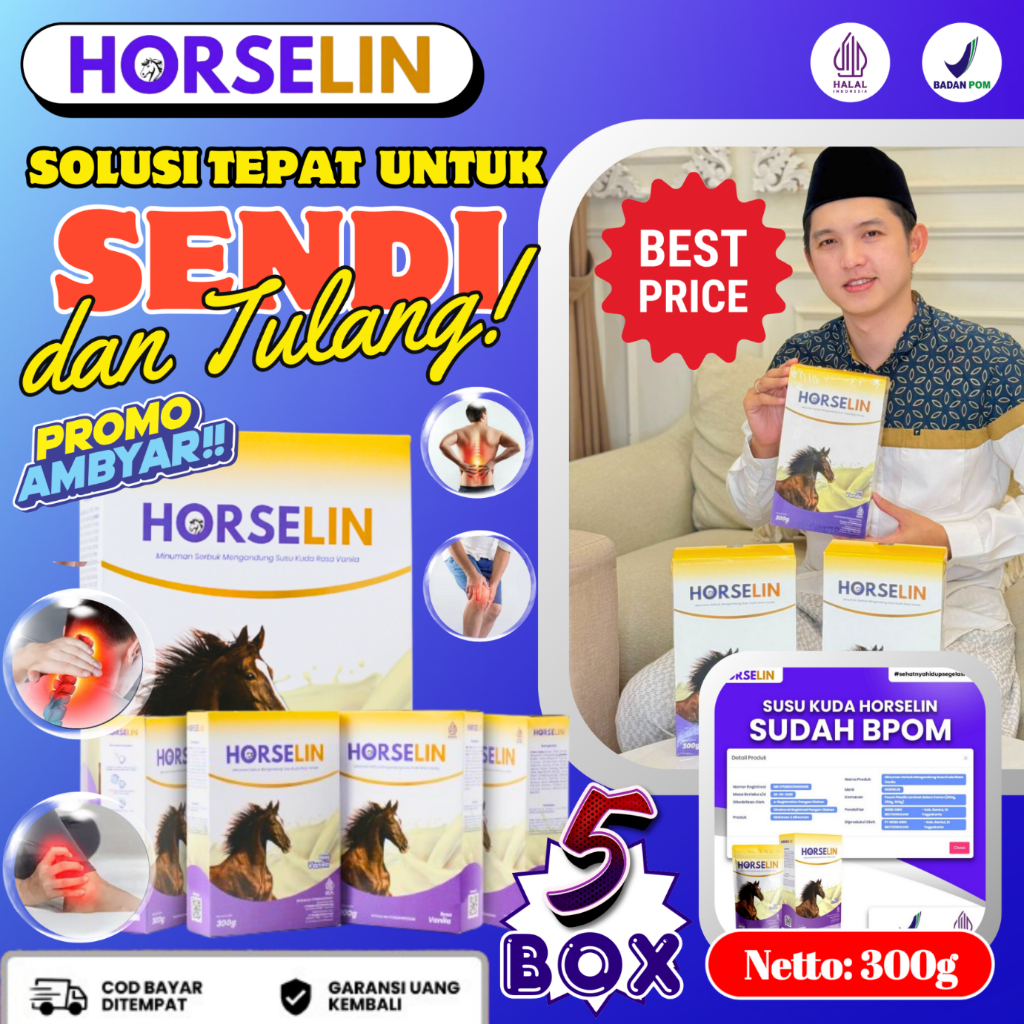 

Paket 5 BOX HORSELIN Susu Kuda Liar Premium Asli Sumbawa Atasi Persendian Tulang Otot Original 300GR