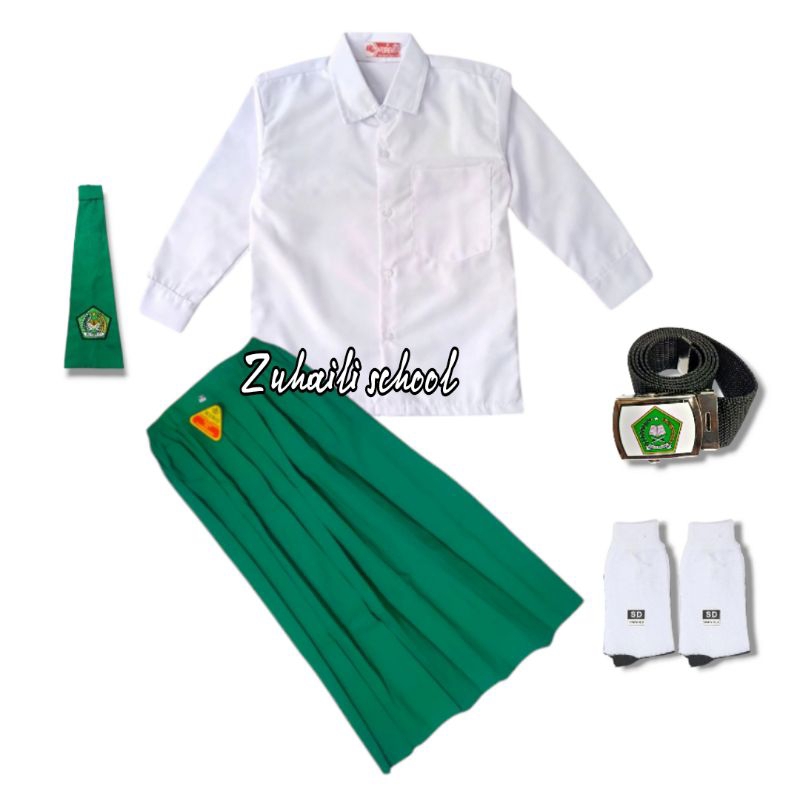Seragam Hijau Putih Anak sekolah Mi Madrasah Perempuan Setelan Lengkap Baju Polos Panjang Rok Panjan