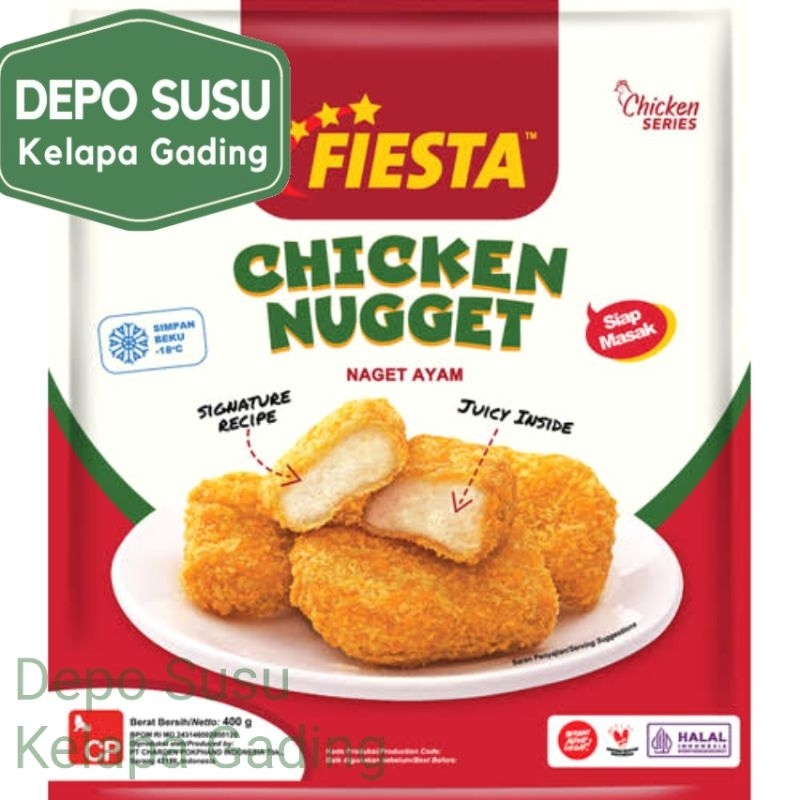 

Fiesta Chicken Nugget 400gr / 500gr All Varian Naget Paha Ayam Spicy Wing Karage Karaage Crispy Bubble Krispi Gyoza Daging Udang Olahan Burger Pok Pok Pok-Pok Siomay Siomai Stikie Stick Spicy Dino Garlic Cheese Lover Kulit Crunch Schnitzel Pizzabc Sausage