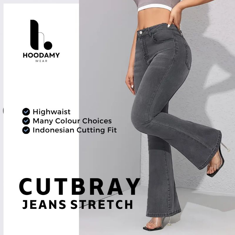 Cutbray Jeans Wanita Highwaist Abu Abu Panjang - Hoodamy Celana Jeans Cutbray Highwaist Melar / Stre