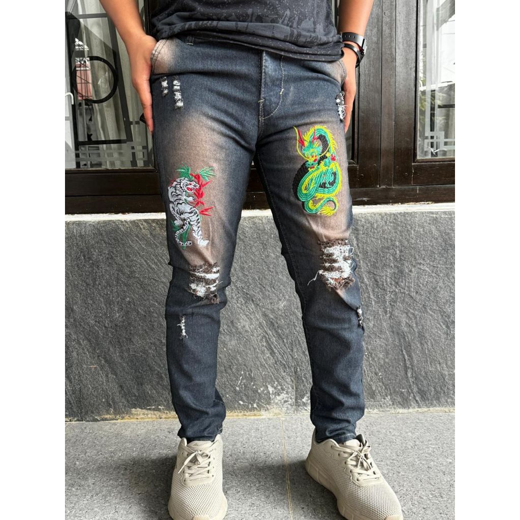 Celana Panjang Jeans Denim Pria Slim fit Bordir Naga dan Harimau Original - Celana jeans panjangpria