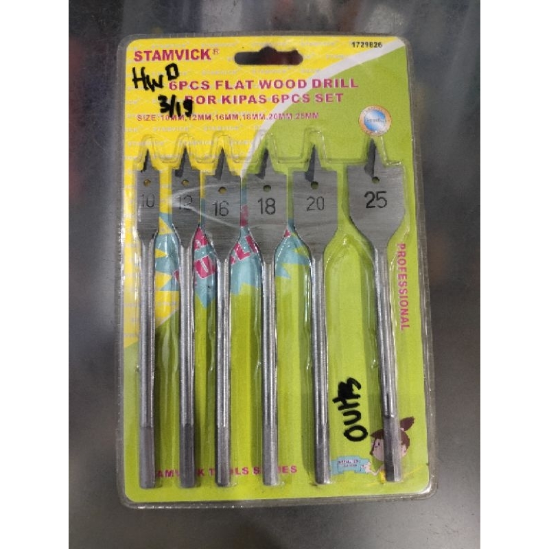 MATA BOR KAYU SET 6PCS MODEL KIPAS/MATA BOR KAYU/FLAT WOOD DRILL BOR KIPAS MEREK STAMVICK