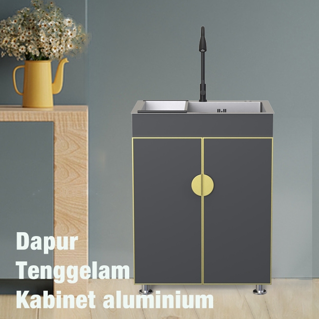Wastafel Cuci Piring Kabinet - Aluminium Set Wastafel Dapur Paket Kitchen Sink Dengan Keran (Hitam/P