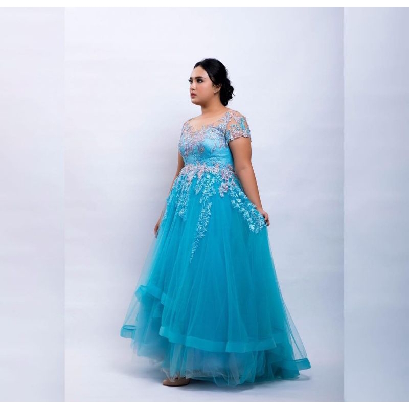 Gown pesta rok tulle dusty blue