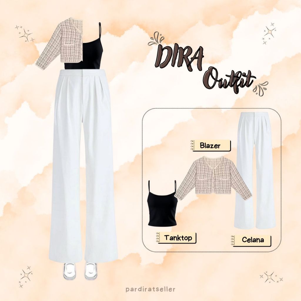 DR 428 - outfit dira tangtop tali kecil hitam blazer korean coklat cream dan celana linen hw remaja 