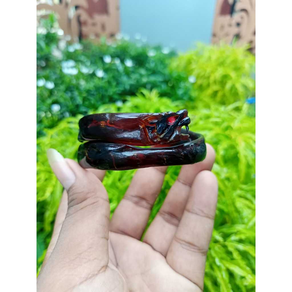 Gelang Akar Bahar Merah Asli Natural Ukir Macan Samping