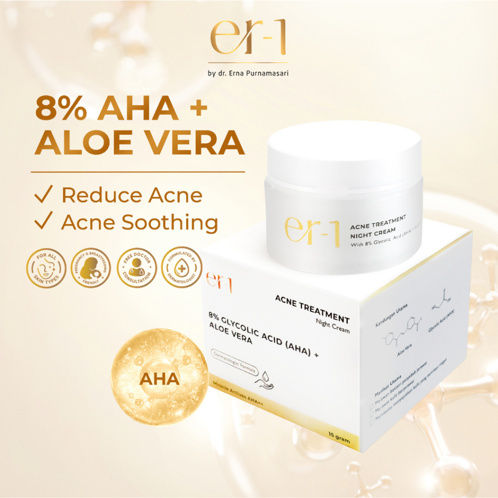 er-1 by dr. Erna Acne Treatment Night Cream with 8% Glycolic Acid (AHA) + Aloe Vera - Krim Malam Ski