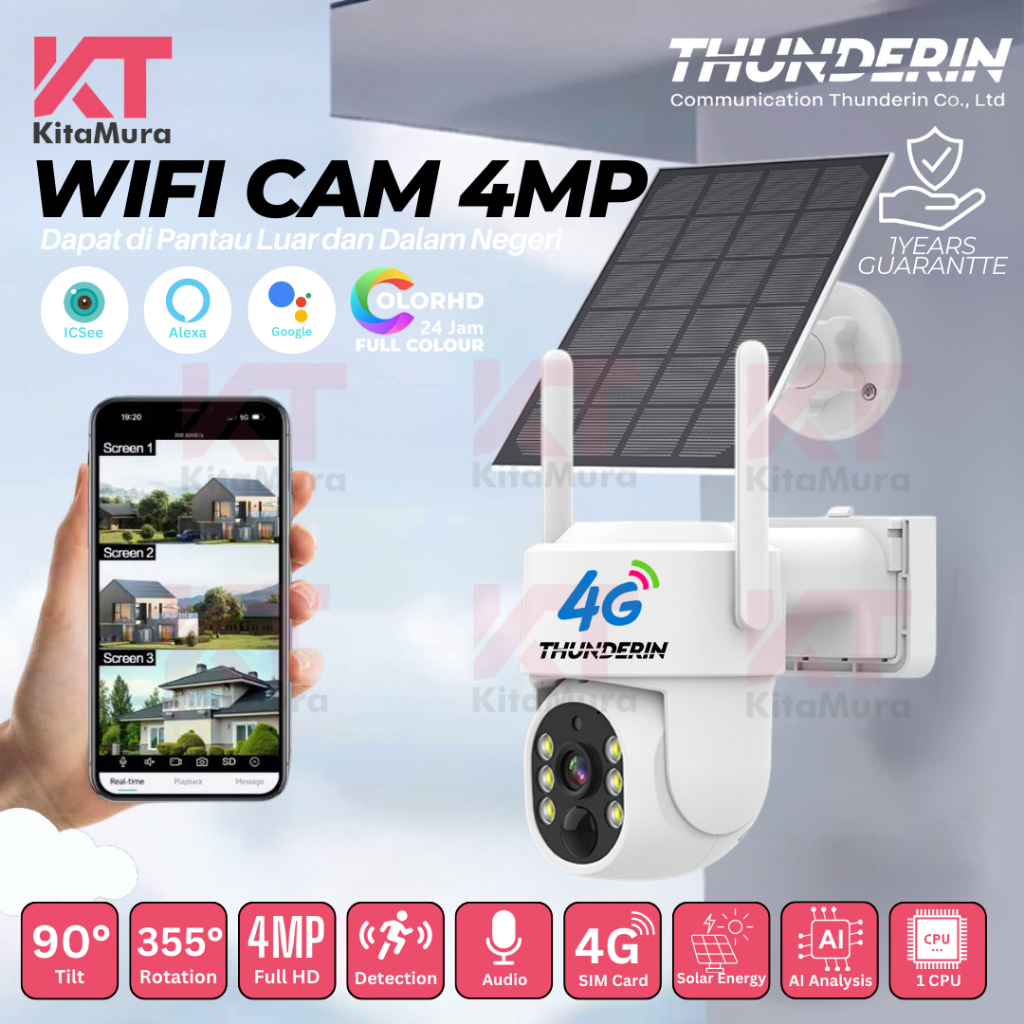 Thunderin Camera IP WIFI Support 4G , Solar PTZ ICSEE Human Detection CCTV Camera