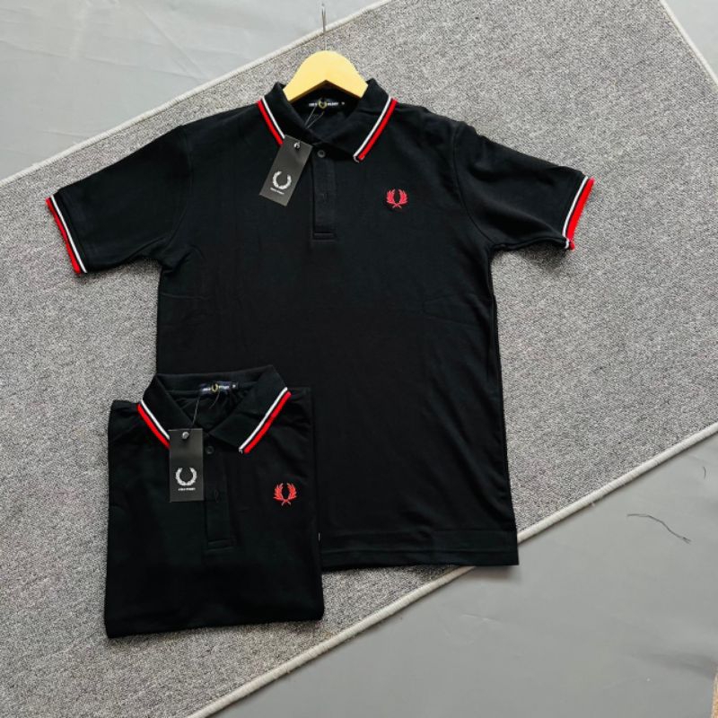 KAOS POLO HITAM LIST MERAH BORDIR