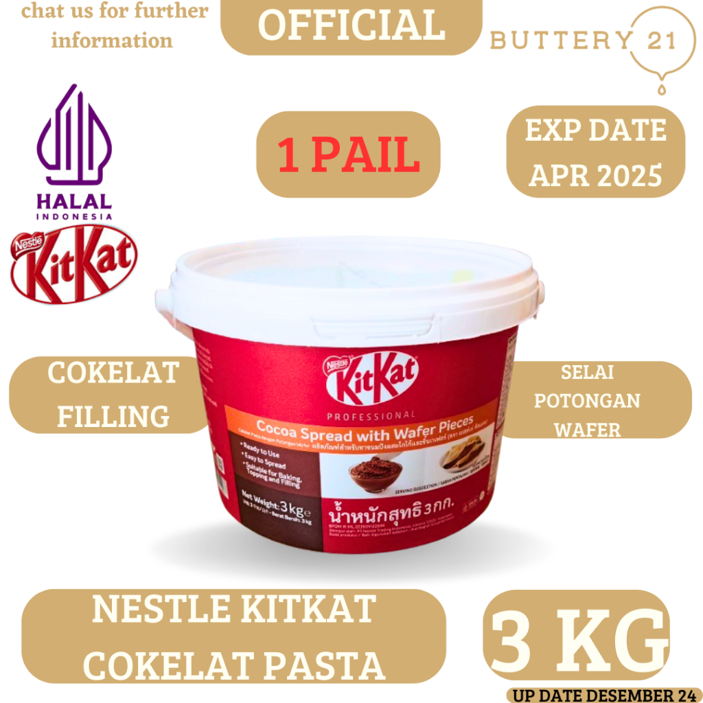 

NESTLE KITKAT COKELAT PASTA 3 KG/KIT KAT FILLING/COKELAT POTONGAN WAFER/SELAI COKELAT KITKAT