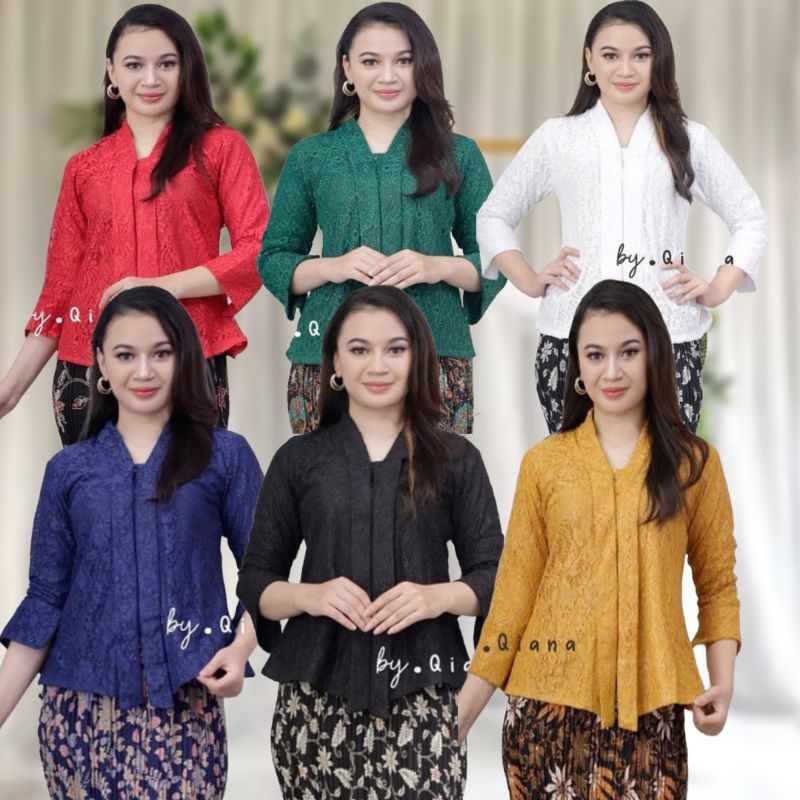 Set Kebaya Brokat Modern Atasan Kebaya Floy Kartini Qiana Lengan 7/8 Mix Rok Plisket Batik