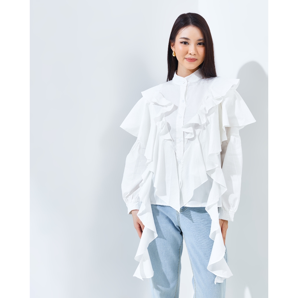 DAC Romessa Top | Atasan Wanita Ruffle | Blouse Lengan Panjang Jumbo Katun Poplin | Oversized Shirt