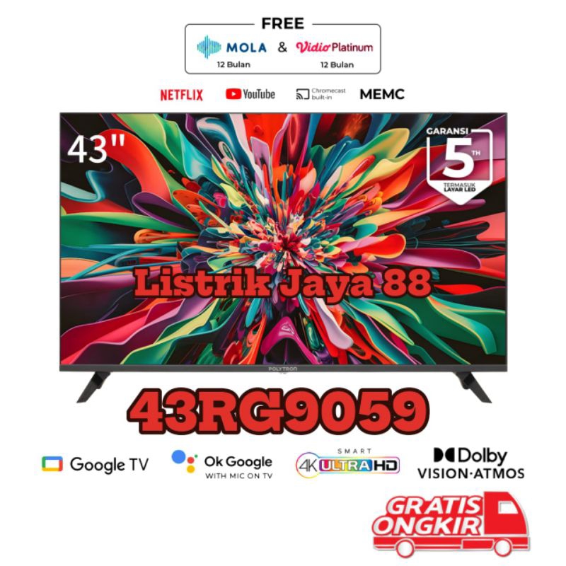TV Android 43 inch Polytron 43RG9059 - Android TV - Full HD - Garansi resmi