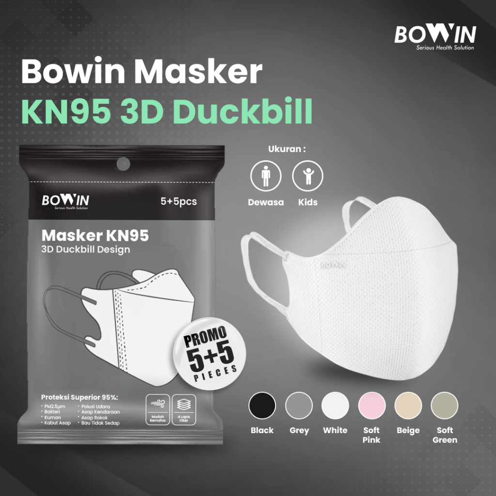 Bowin Masker KN95 - 3D Duckbill ≥95% BFE, PFE (Masker Kesehatan / Masker Medis / Masker 3D )