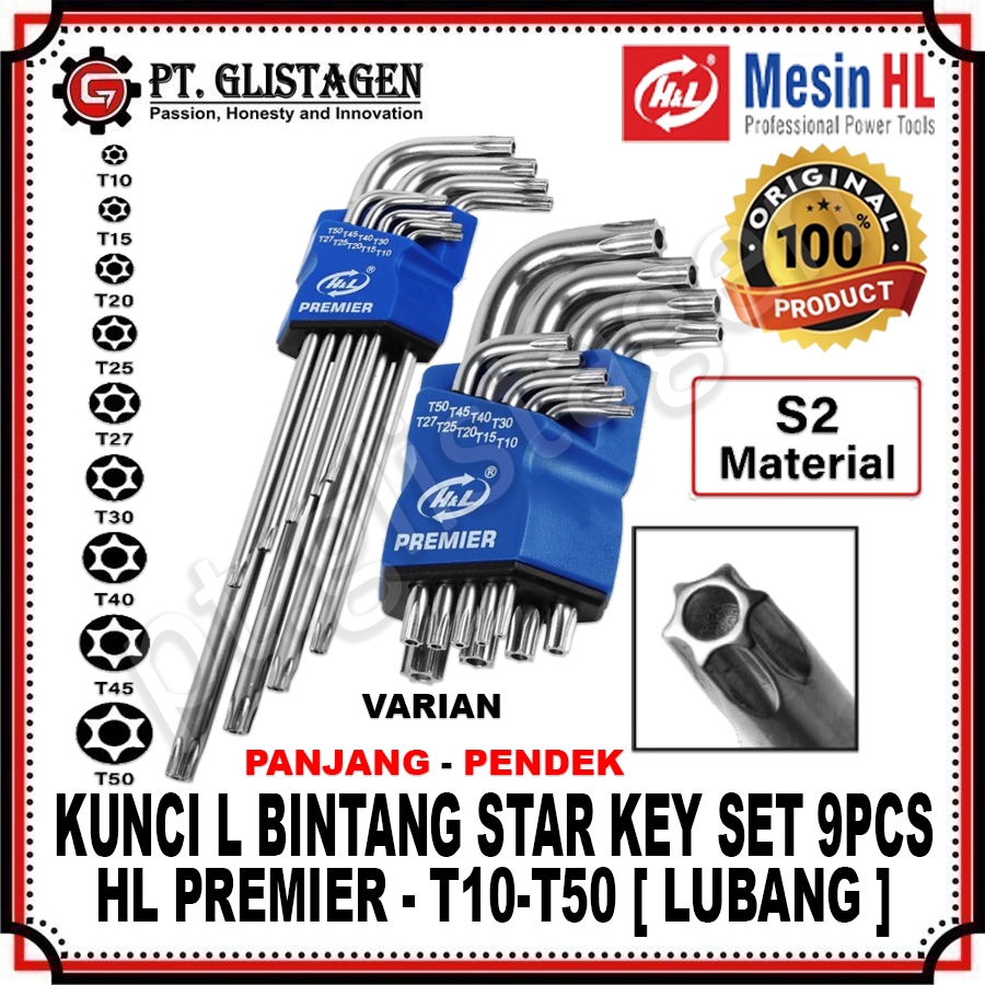 HL Premier Kunci L Bintang Set Panjang Pendek Set 9 Pcs Kunci L Star Key Short Extra Long Set Temper