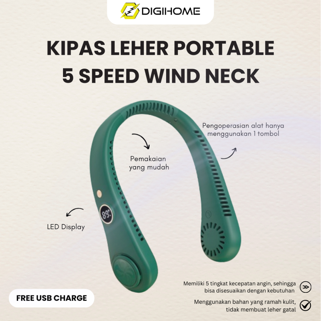 Digihome DGHF-01 HIJAU Kipas Leher KIPAS ANGIN GANTUNG LEHER Portable Sport Hanging Neck Fan Recharg