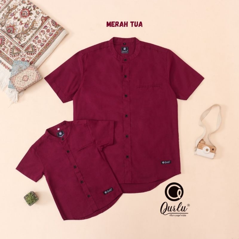 Qurlu - Kemeja Koko Dewasa / Anak warna MERAH TUA / merah hati ( baju couple ayah dan anak laki laki
